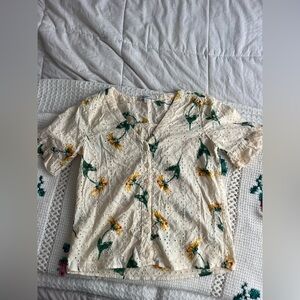 Madewell Cream Ruched Blouse with Notched Collar